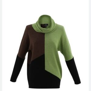 Marble of Scotland Zelat Cowl Neck Colorblock Cotton Sweater Green Brown Black S